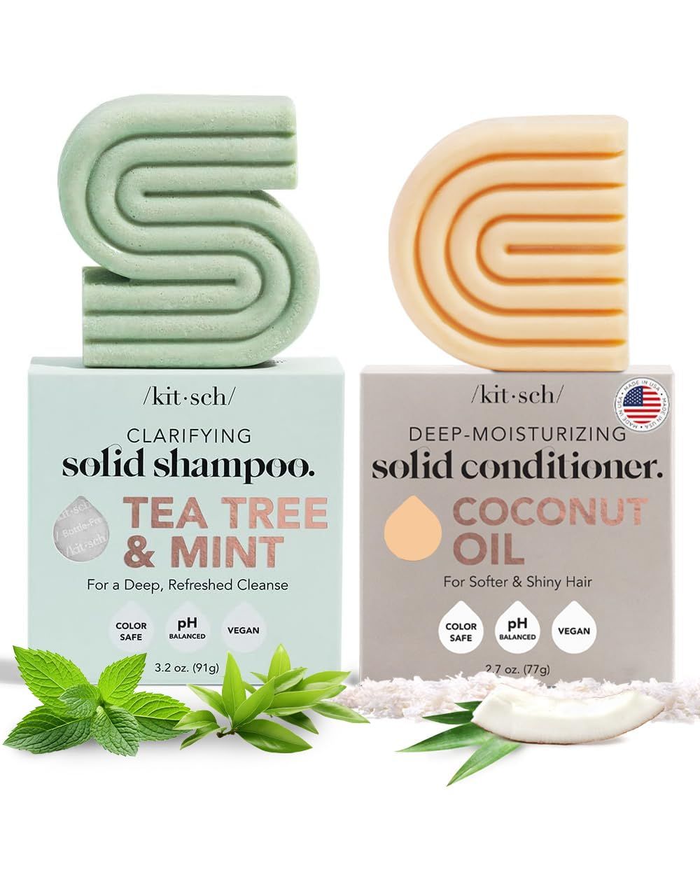 Kitsch Tea Tree Solid Shampoo &amp; Coconut Oil Conditioner Bar, Shampoo and Conditioner Set for Clarifying Grease &amp; Deep Moisturizing, Natural Organic, Paraben &amp; Sulfate Free - 2 pack