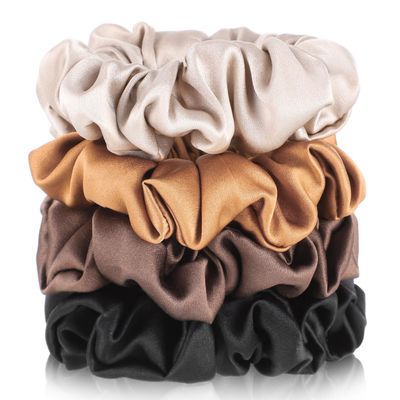 4 Pack Mulberry Silk Scrunchies, Brown Silk Hair Ties 19 Momme Silk Scrunchies for Hair Sleep No Damag Satin Scrunchies Galentine&#39;s Day Gifts