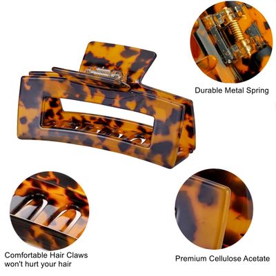 Large Hair Claw Clips Big Cutout Tortoise Shell Celluloid Hair Jaw Clips 4.1inch French Design Rectangle Hair Clamp for Women Ladies
