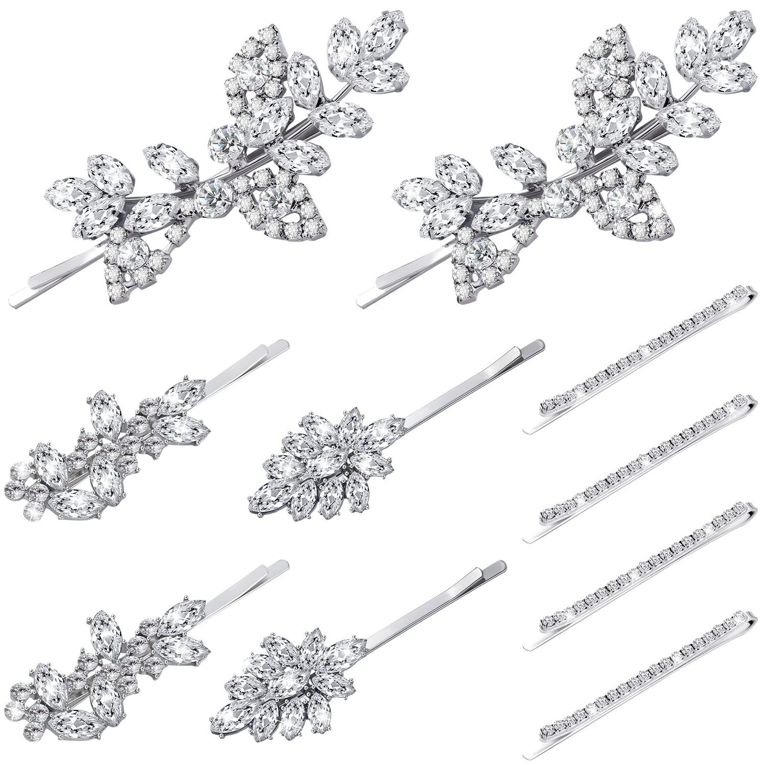 Janinka 10 Pieces Rhinestone Wedding Hair Clips Bridal Crystal Bobby Pins Silver Barrette Leaf Flower Wedding Elegant Hair Accessories for Bride Women and Girls(Rhinestone Style)