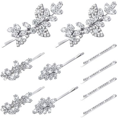 Janinka 10 Pieces Rhinestone Wedding Hair Clips Bridal Crystal Bobby Pins Silver Barrette Leaf Flower Wedding Elegant Hair Accessories for Bride Women and Girls(Rhinestone Style)