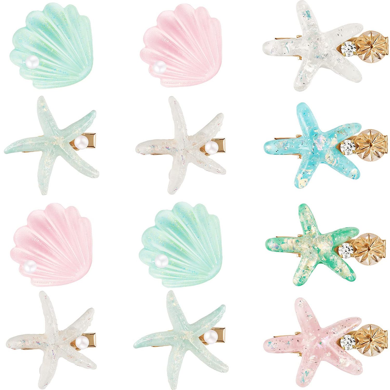 WILLBOND 12 Pieces Artificial Shell Pearl Starfish Seashell Hair Clip Set Acrylic Resin Women Lady Hair Clip Headdress Hairstyle Tool Accessories Beach Wedding Supplies(Charming)