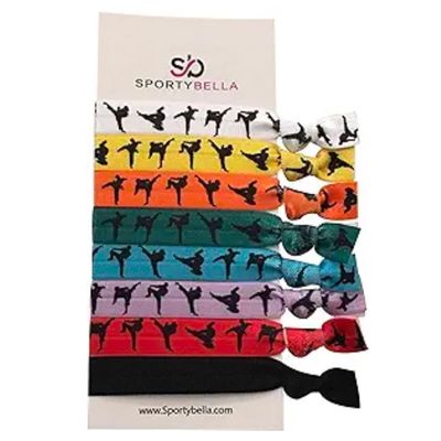 Sportybella Multicolored Karate Hair Ties- Martial Arts Hair Accessories For Girls. No Crease, No Tug Elastic Hair Ties Set. Ponytail Holders for Karate or Martial Artists, Students &amp; Coaches, 8pcs.