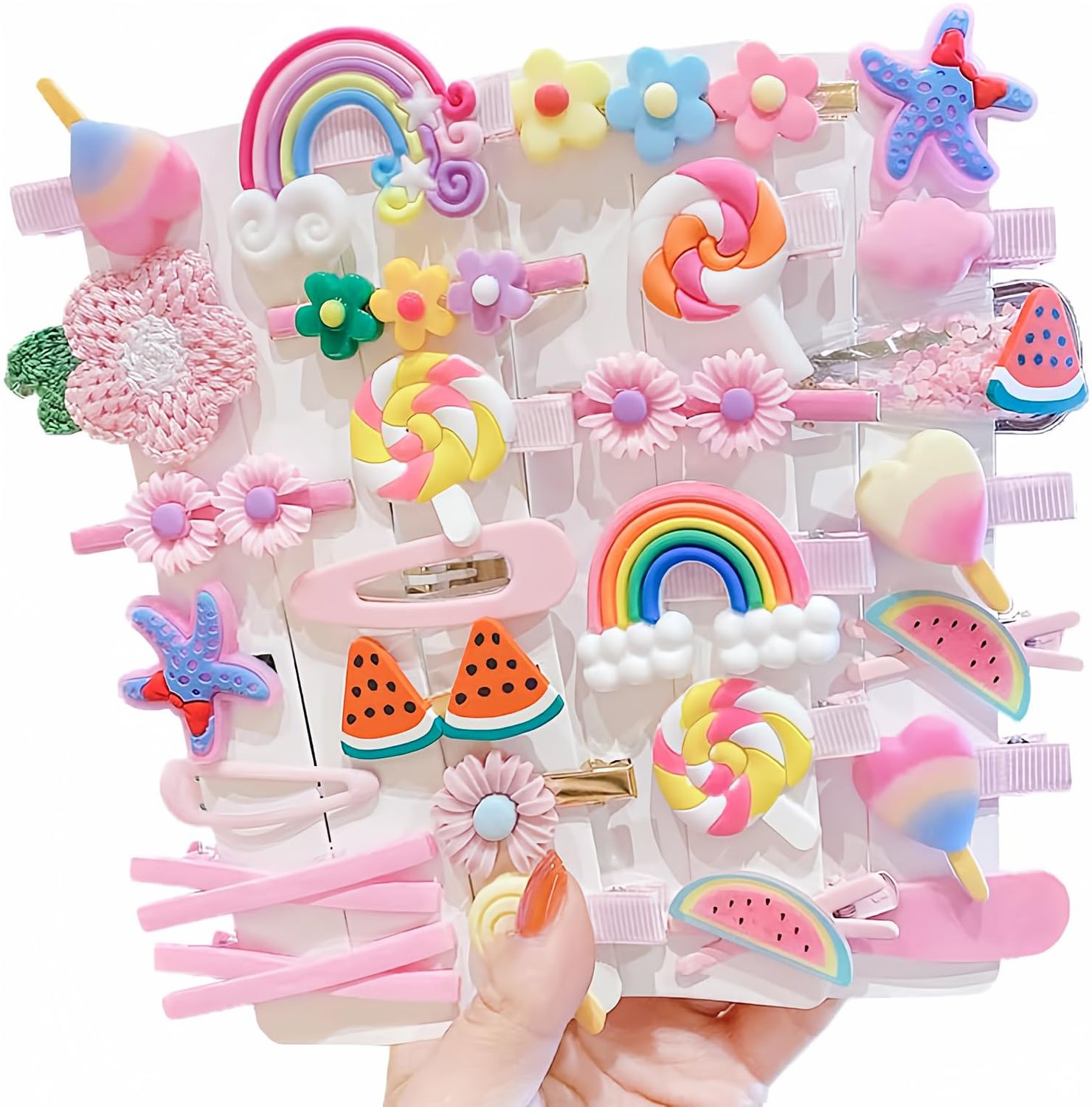 28 PCS Cute Hair Clips Fashion Girls Hair Accessories Flower Fruit Colorful Rainbow Candy Dessert Lovely Animal Barrettes Set Non-slip Metal Snap Pins for Girls Kids Teens Toddlers (Style B)
