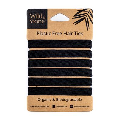 Wild &amp; Stone | Pack of 6 Hair Bands | 100% Biodegradable and Plastic-Free Elastic Hair Ties | 100% Organic Cotton and Natural Plant-Based Rubber | No Crease Ponytail Holder (Black)
