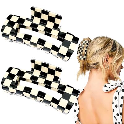 2 PCS Checkered Hair Claw Clips Square Checker Barrettes Cute Non Slip Hair Jaw Clips Strong Hold Rectangle Hair Claw Multicolored Plaid Vintage Check