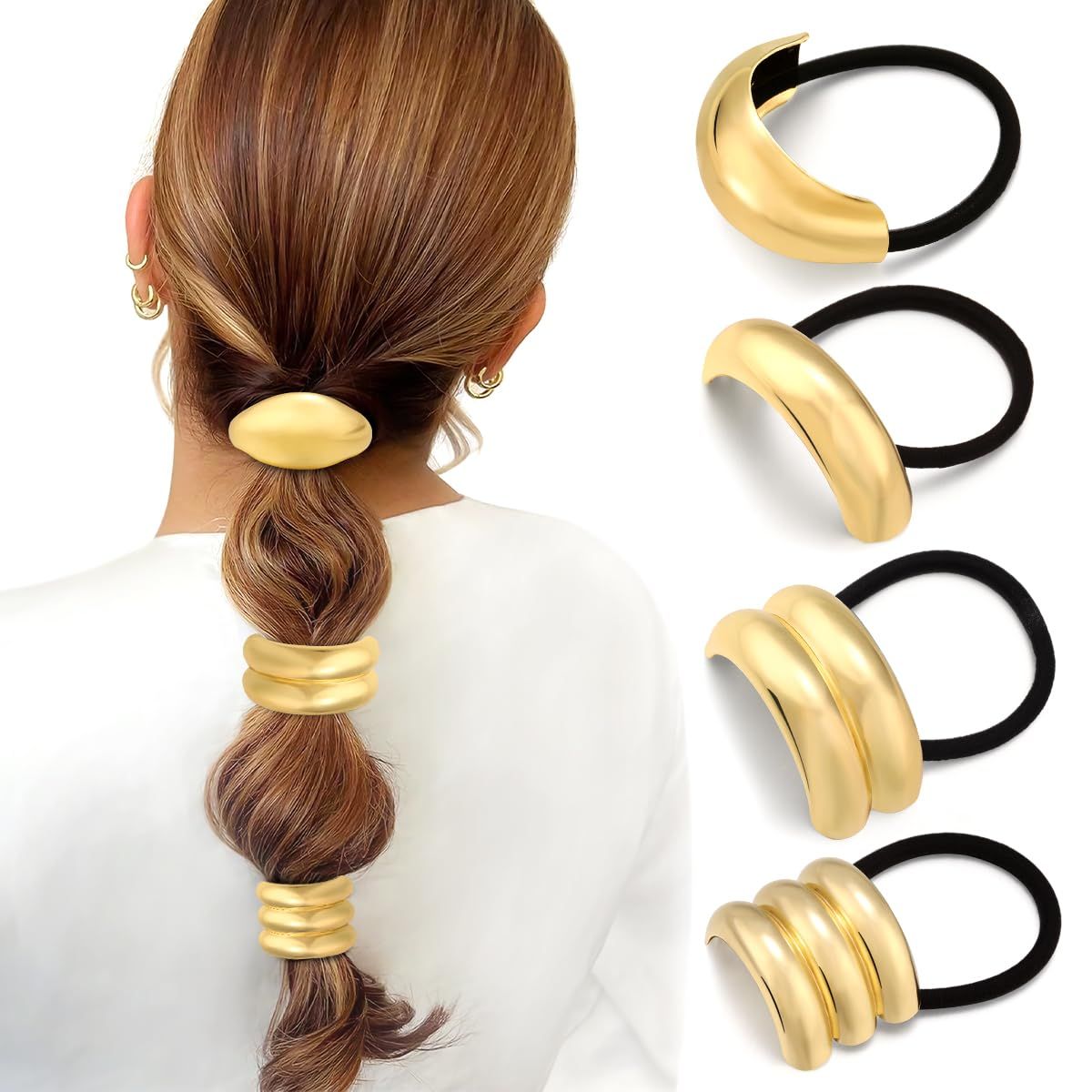 4PCS Gold Hair Ties, Metal Hair Ties for Thick Hair, Geometric Hair Ties No Damage, Gold Hair Accessories Elastic Hair Ties for Women, Ponytail Cuff Holders for Holiday Gifts