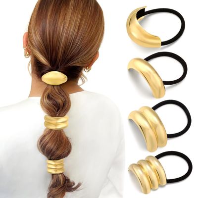 4PCS Gold Hair Ties, Metal Hair Ties for Thick Hair, Geometric Hair Ties No Damage, Gold Hair Accessories Elastic Hair Ties for Women, Ponytail Cuff Holders for Holiday Gifts