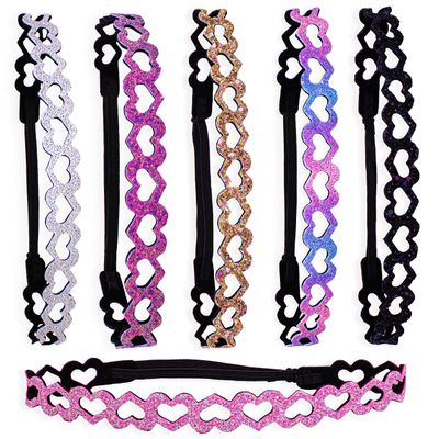 FROG SAC 6 Glitter Headbands for Girls, Adjustable Non Slip Thin Elastic Heart Hair Bands for Kids, Cute Stretchy Nonslip Teen Girl Hair Accessories, Sparkly Bling Headband for Tweens