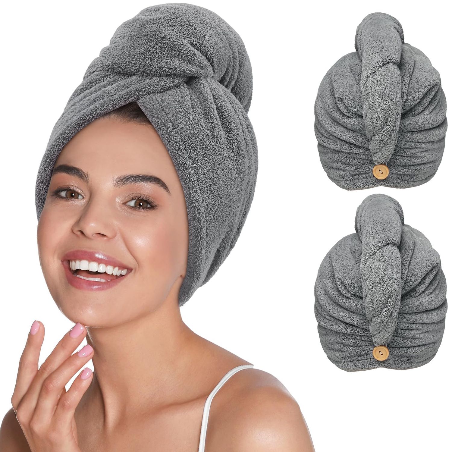 YFONG 2 Pack Microfiber Hair Towel Wrap for Women Curly Long Hair, Super Absorbent Hair Plopping Towel Curly for Wet Hair, Stocking Stuffers for Women (Gray)