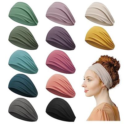 Z-CHARMMY Wide Non-Slip Headbands for Women&#39;s Hair, Stretchy Hair Bands for Girls, Elastic Sweat Headbands, 12 Pieces