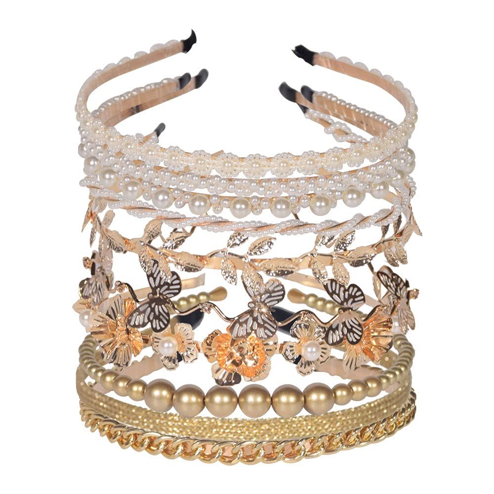 10 PCS Pearls Headband, Rhinestones, Gold Metal Headbands, White Hairbands Leaf Decor Metallic Butterfly Flower Chained Bridal Hair Hoop, Wedding Hair Accessories for Women Girls