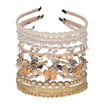 10 PCS Pearls Headband, Rhinestones, Gold Metal Headbands, White Hairbands Leaf Decor Metallic Butterfly Flower Chained Bridal Hair Hoop, Wedding Hair Accessories for Women Girls