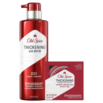 Old Spice Men&#39;s Thickening 2-in-1 Shampoo and Conditioner with Biotin and Menthol (17.9 Fl Oz) &amp; Thickening Styling Pomade Infused with Biotin Bundle (2.22 Oz)