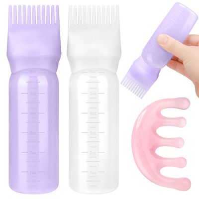 ProSuites 2 Pack Hair Oil Applicator Bottle for Scalp with Massage Comb,6 OZ Hair Oil Bottle with Root Comb for Scalp, Shampoo Scrubber Applicator,Hair Dye Tools(Purple, white)
