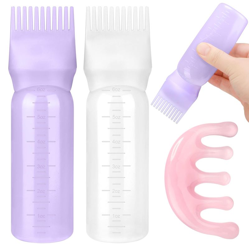 ProSuites 2 Pack Hair Oil Applicator Bottle for Scalp with Massage Comb,6 OZ Hair Oil Bottle with Root Comb for Scalp, Shampoo Scrubber Applicator,Hair Dye Tools(Purple, white)