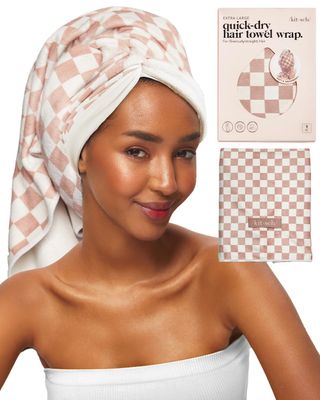 Kitsch XL Microfiber Hair Towel Wrap for Women - Microfiber Towel, Super Absorbent, Quick Dry, Anti-Frizz - for Long &amp; Short Hairs, Turbans for Women - Terracotta Checker