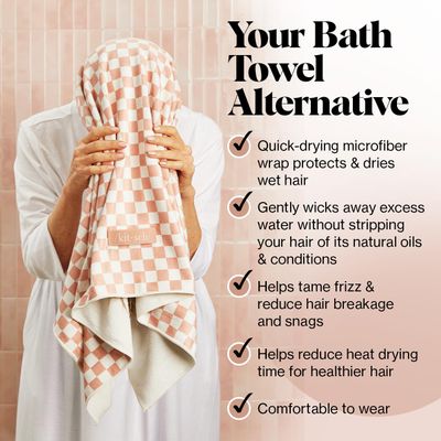 Kitsch XL Microfiber Hair Towel Wrap for Women - Microfiber Towel, Super Absorbent, Quick Dry, Anti-Frizz - for Long &amp; Short Hairs, Turbans for Women - Terracotta Checker