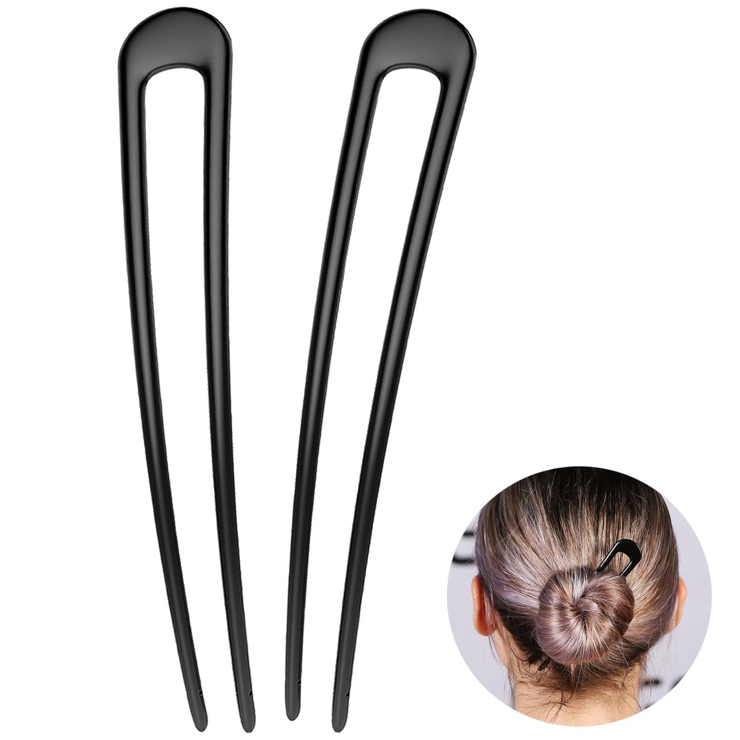 HYFEEL French Hair Pins Metal Hair Fork U Shaped Extra Long Chignon 2 Prong Sticks for Women Hair Accessories (Black- 2 Pieces)