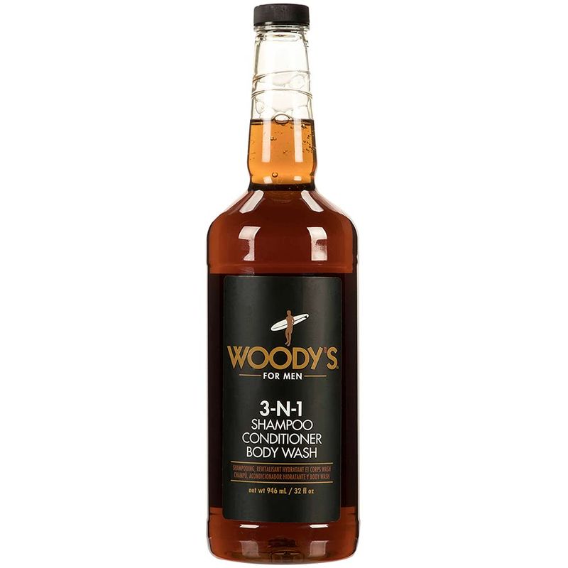 Woody's 3 in 1 Body Wash for Men - Shampoo, Conditioner, &amp; Body Wash, Multipurpose Cleanser With Marine Extracts, Cucumber Fruit Extract, and Aloe Vera - 32 Fl Oz
