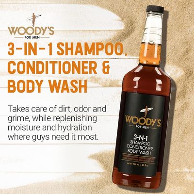 Woody's 3 in 1 Body Wash for Men - Shampoo, Conditioner, &amp; Body Wash, Multipurpose Cleanser With Marine Extracts, Cucumber Fruit Extract, and Aloe Vera - 32 Fl Oz