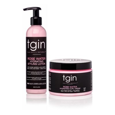 tgin Rose Water Hydrating Curl Cream 12 oz &amp; tgin Rose Water Hydrating Styling Lotion 8 oz, for Curly, Coily and Wavy Hair, (Set)