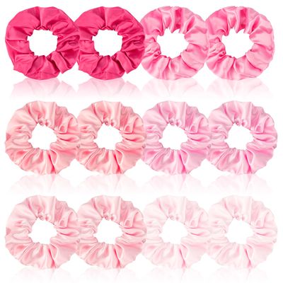 Satin Scrunchies Set of 12 - Elastic Silk Bubble for Girls, Pink Hair Accessories and Valentine&#39;s Day Gifts