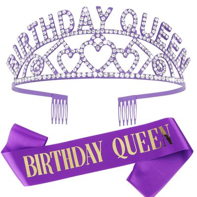 CIEHER Purple Birthday Sash &amp; Queen Crown Kit - Purple Birthday Decorations with Tiara, Perfect for Women &amp; Girls