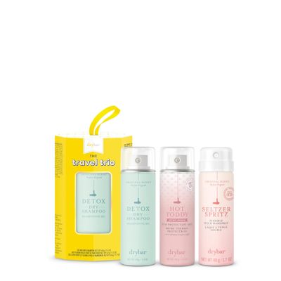 Drybar Travel Trio Kit | Protect, Refresh, and Hold Hot Toddy Heat Protectant, Detox Dry Shampoo, and Seltzer Spritz Hairspray | Travel Size
