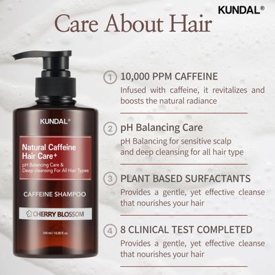KUNDAL Natural Caffeine Scalp Shampoo [Cherry Blossom] Korean Hair Care, Biotin Infused, Deep Cleansing, Scalp Care, For Thinning Hair, All Hair Types, For Men and Women 16.9Fl Oz