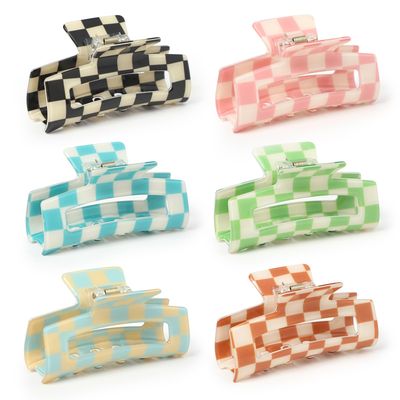 Paderison Checkered Multicolored Rectangle Y2K Hair Barrettes and Claw Clips - 6 Pcs Strong Hold Hair Accessories for Thin &amp; Thick Hair