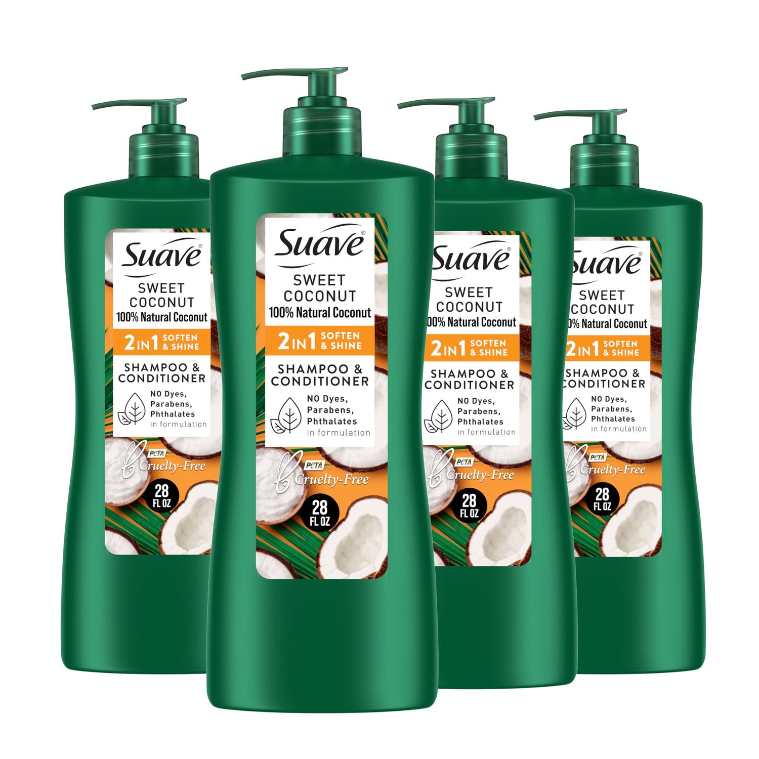Suave Natural Sweet Coconut 2 In 1 Shampoo &amp; Conditioner with 100% Natural Coconut, for Softening and Shining Hair, No Dyes, No Parabens, No Phthalates, 28 Oz (Pack of 4)