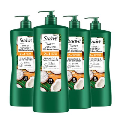 Suave Natural Sweet Coconut 2 In 1 Shampoo &amp; Conditioner with 100% Natural Coconut, for Softening and Shining Hair, No Dyes, No Parabens, No Phthalates, 28 Oz (Pack of 4)