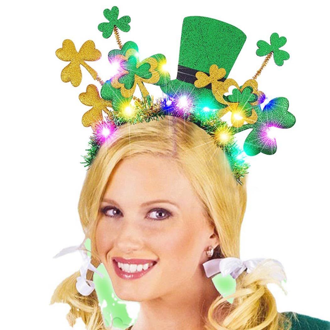 BARTOSI Light Up St Patrick's Day Headband LED Shamrock Headpiece Irish Saint Patricks Day Hairband Costume Headwear Hair Accessories for Women