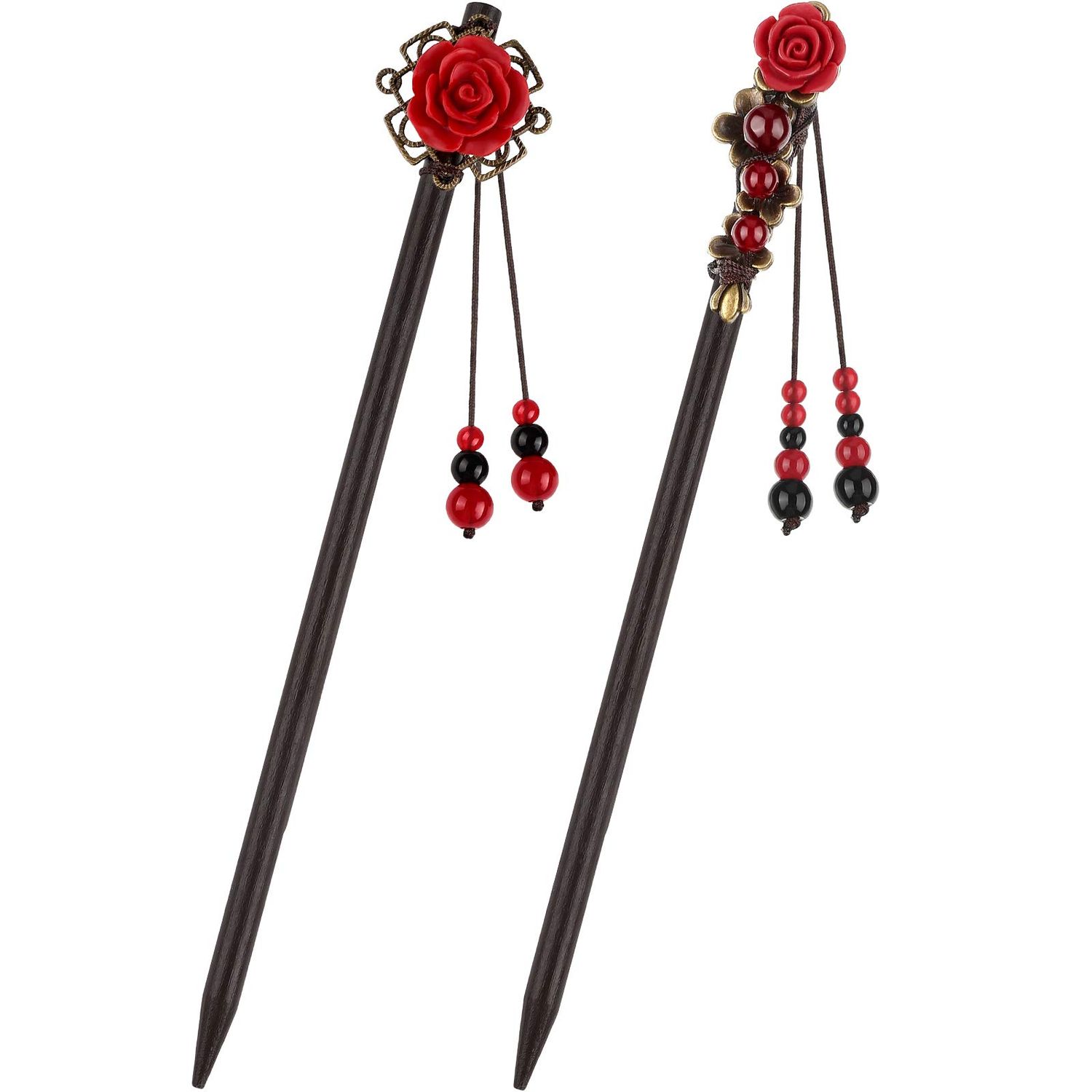 WILLBOND 2 Pieces Chinese Wooden Hair Sticks Retro Wooden Hairpins Japanese Classic Hair Chopsticks Handmade Flower Accessories for Women(Classic Style)