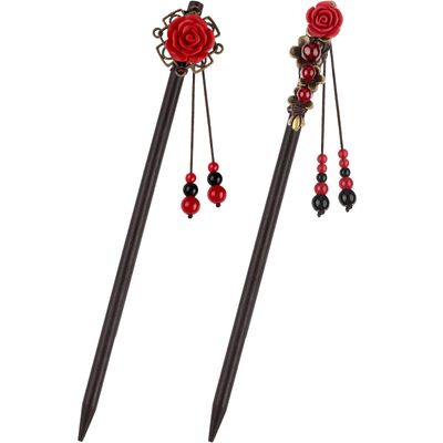 WILLBOND 2 Pieces Chinese Wooden Hair Sticks Retro Wooden Hairpins Japanese Classic Hair Chopsticks Handmade Flower Accessories for Women(Classic Style)