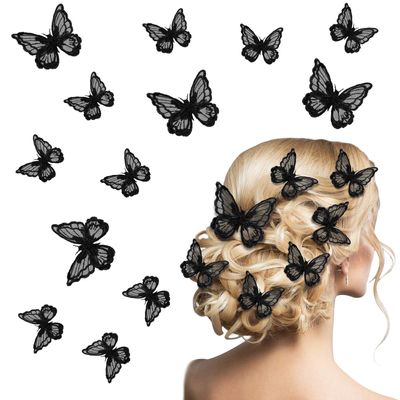 WILLBOND 18 Pieces Butterfly Hair Clip Halloween Lace Bows Embroidery Butterfly Hair Pins Accessories for Halloween Cosplaying Women, 2 Sizes(Black)