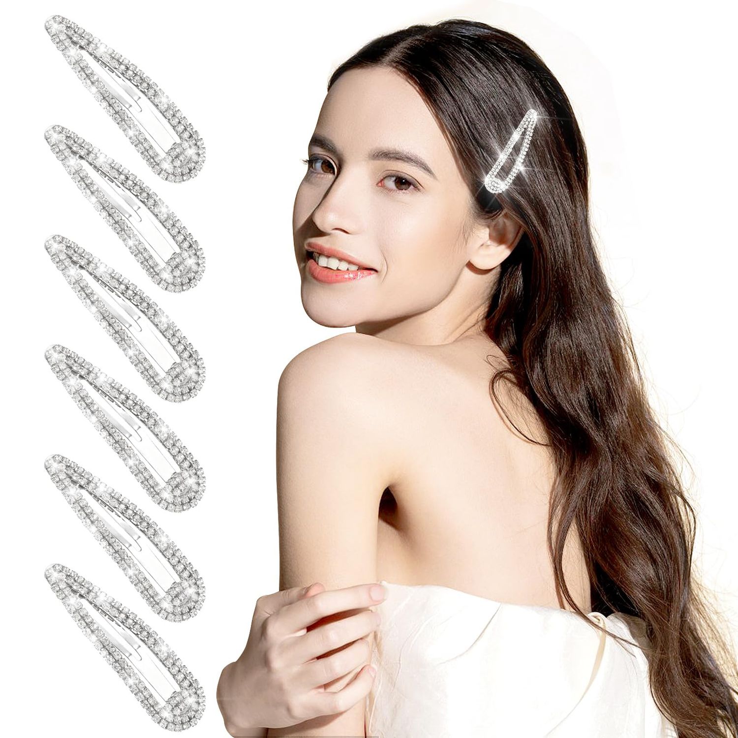 2.4 Inch Rhinestone Hair Clips, 6PCS Silver Hair Clips Snap Barrettes for Women Sparkly Hair Pins Decorative Hair Accessories for Girls Women