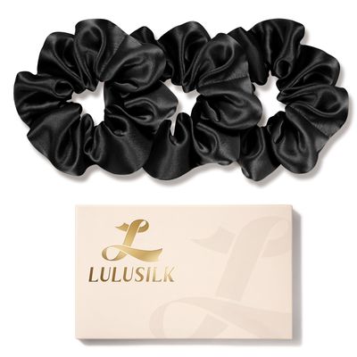 LULUSILK Silk Scrunchies for Hair Sleep, 100% Real Mulberry Silk, No Damage Silk Hair Ties for Women and Girls, Classic Black, Pack of 3