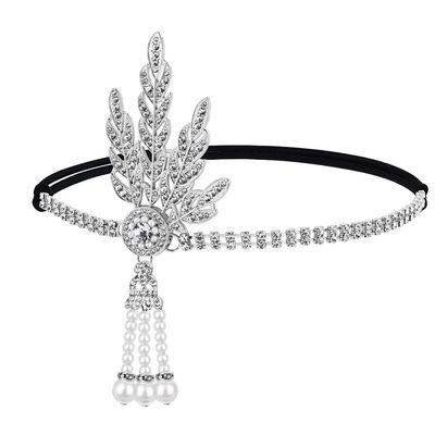 GORTIN 1920&#39;s Flapper Headband Leaf Rhiestones Headpiece Pearl Tassel Headdress Head Bands Bridal Flapper Hair Accessories Head Chain for Women and Girls (Sliver)
