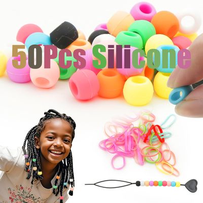 Silicone Hair Beads for Kids Girls Braids, 50pcs Beads for Hair Beaders for Braids Soft Colorful Pony Beads Bulk for Kids Girls Women Hair Accessories for Braids