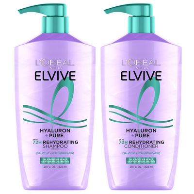L&#39;Oreal Paris Elvive Hyaluron + Pure Shampoo and Conditioner Set, Clarifying Shampoo and Rehydrating Conditioner with Salicylic Acid and Hyaluronic Acid, 1 Kit