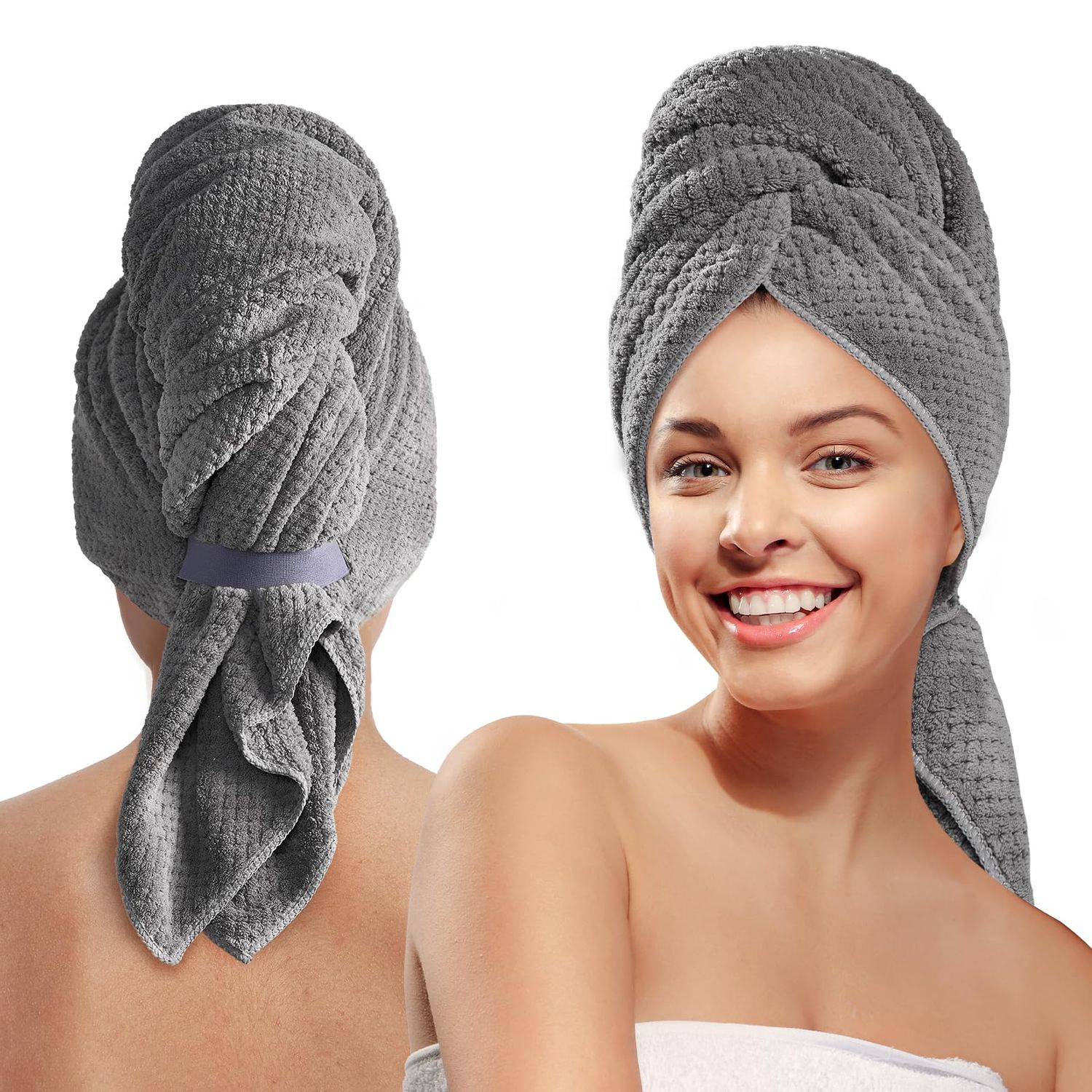 MABAO Microfiber Hair Towel Wrap for Women, Quick Dry Hair Turban Towel with Elastic Band, Microfiber Plopping Towel for Curly Hair, Stocking Stuffers for Women(Gray)