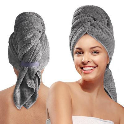 MABAO Microfiber Hair Towel Wrap for Women, Quick Dry Hair Turban Towel with Elastic Band, Microfiber Plopping Towel for Curly Hair, Stocking Stuffers for Women(Gray)
