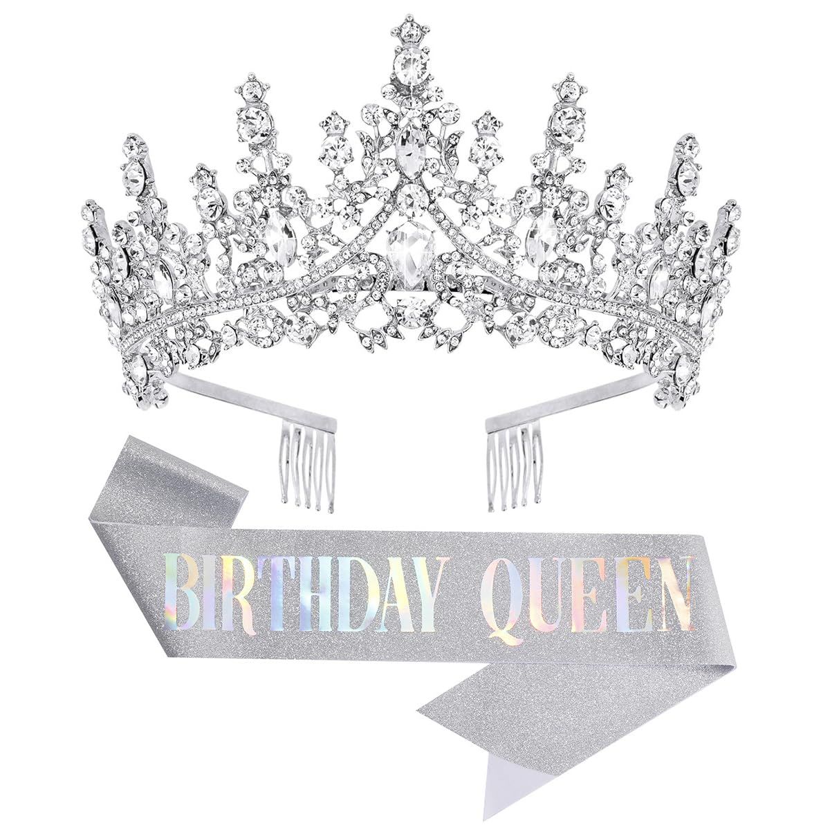 Papoopy Birthday Tiara Crown with Sash for Women, Headband Hair Accessories for Wedding Party Costume Silver