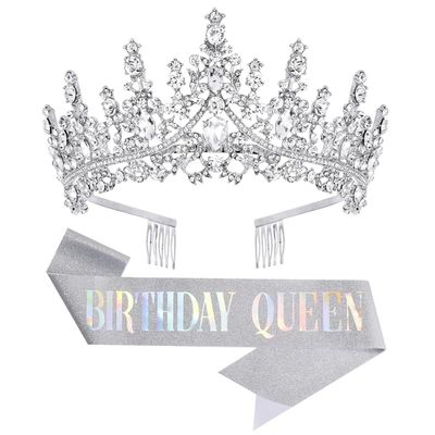 Papoopy Birthday Tiara Crown with Sash for Women, Headband Hair Accessories for Wedding Party Costume Silver