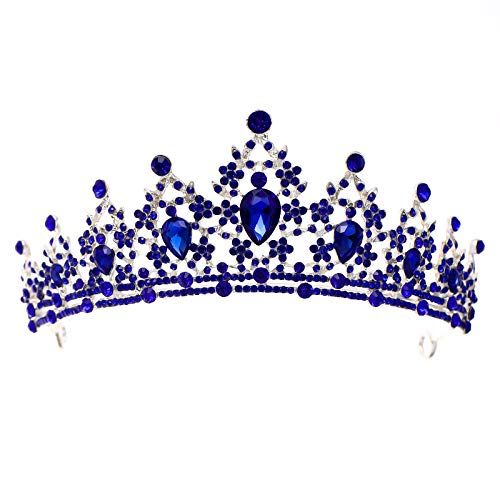 FORSEVEN Crystal Wedding Crown Queen Tiara Bride Crowns for Women Rhinestone Headbands Princess Birthday Party Tiaras Bridal Wedding Accessories (Blue)