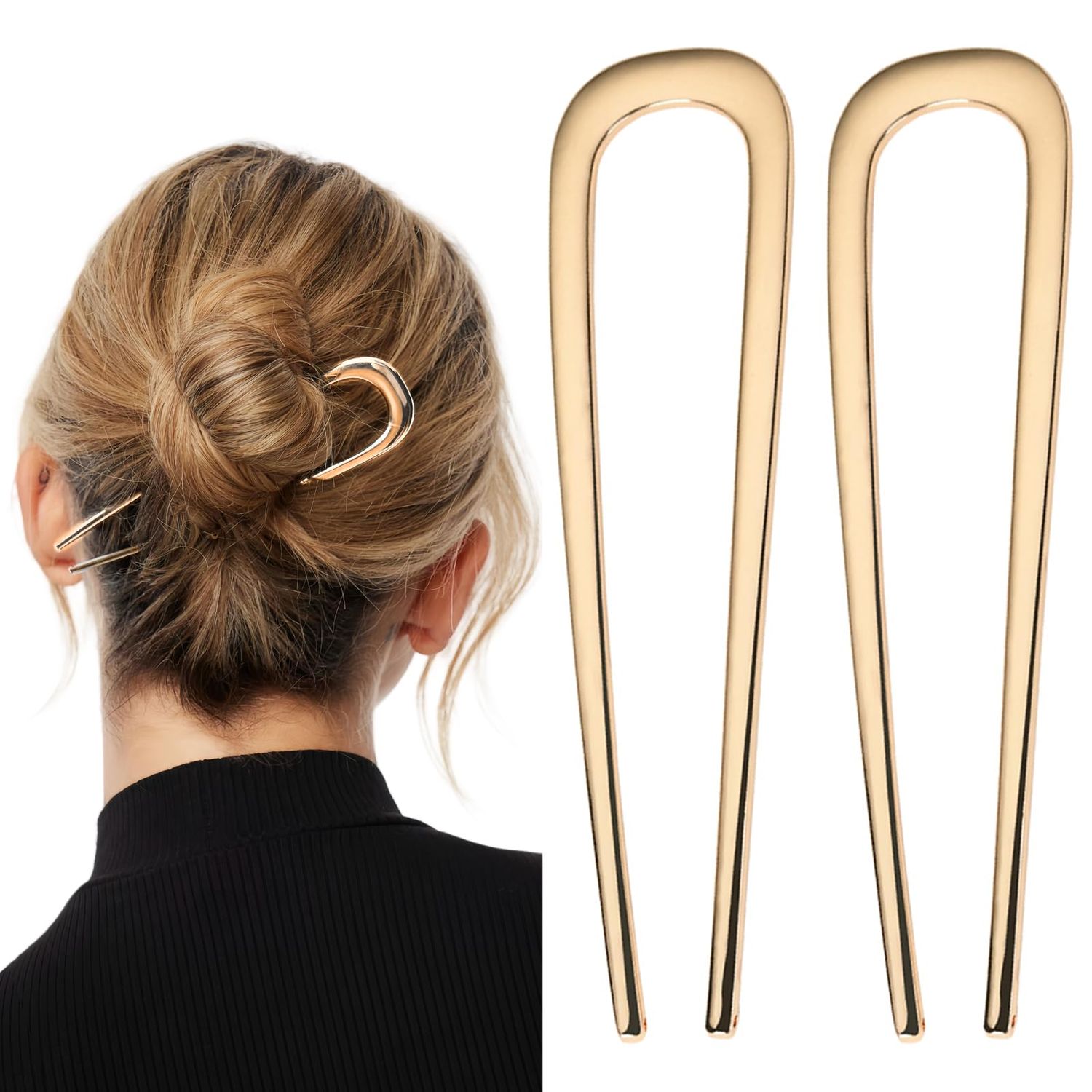 Metal French Hair Pins, 2 Pcs Gold Hair Pins for Women Girls, U-Shaped French Pins for Buns, French Twist Hair Pin, Hair Sticks, Hair Fork