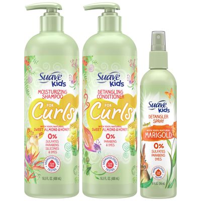 Suave Kids Shampoo &amp; Conditioner for Curls, Sweet Almond &amp; Honey 2-Pack + Detangler Spray for Kids with 100% Natural Marigold, Dermatologist-Tested &amp; Tear Free