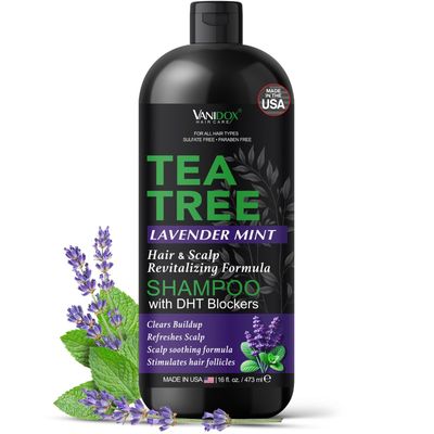VANIDOX Tea Tree Lavender Mint Shampoo with 100% Pure Tea Tree Oil for Itchy, Dry Scalp - Deep Moisturizing &amp; Cleansing - Sulfate &amp; Paraben Free - Made in USA - 16 fl oz